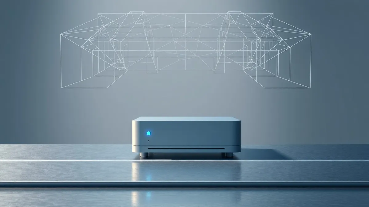 Illustration: A sleek, silver hardware node sits on a sterile metal table, its single blue indicator light pulsing steadily.
