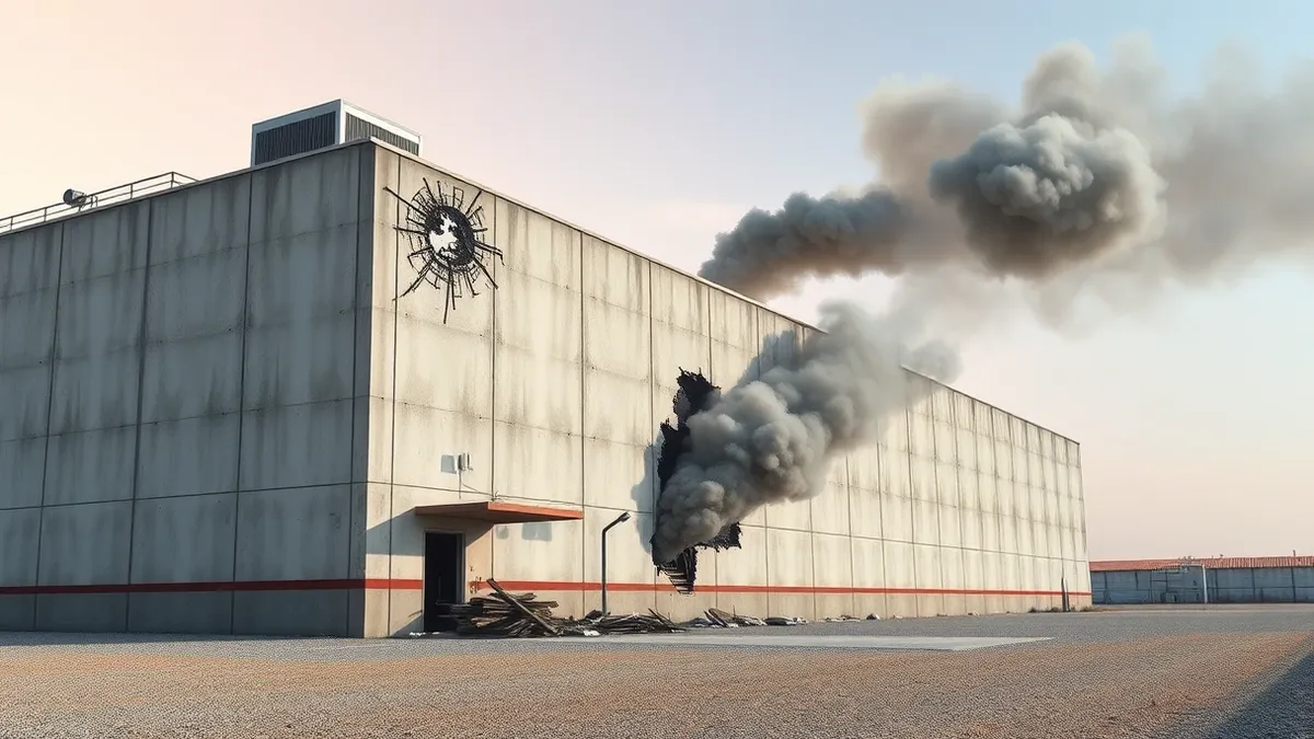 Illustration: A concrete industrial building with a large ventilation unit shows fresh scorch marks and shattered glass on the upper facade.