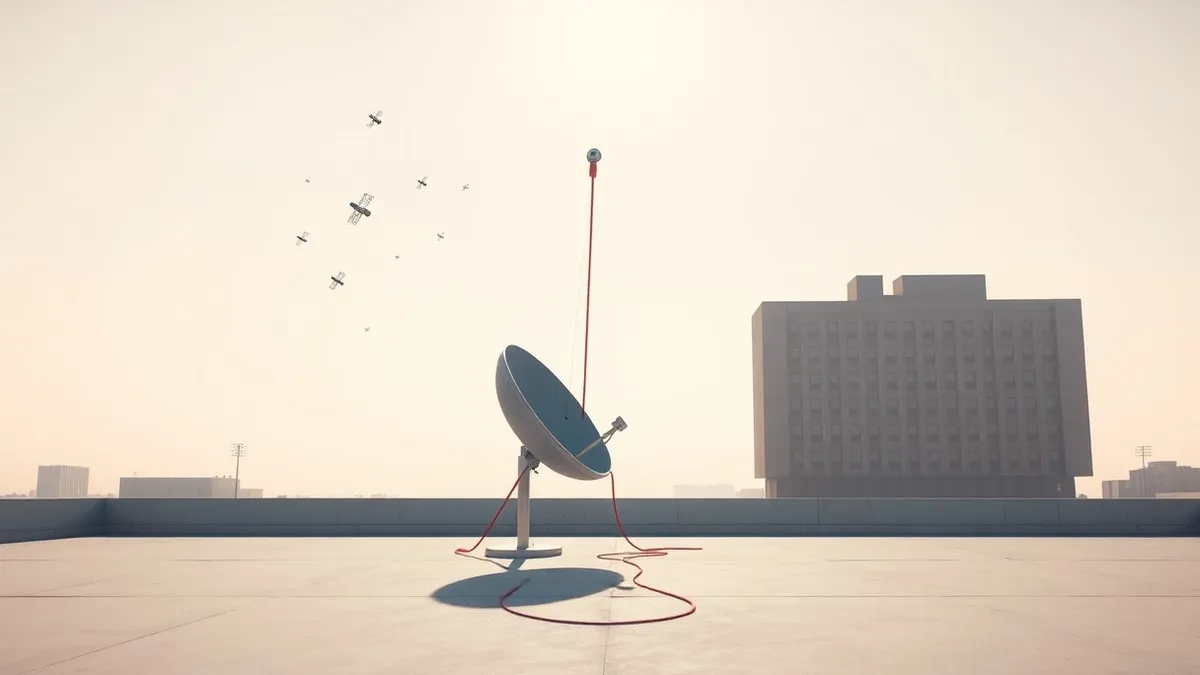 Illustration: A small grey satellite dish rests on a flat rooftop under a bright sky.
