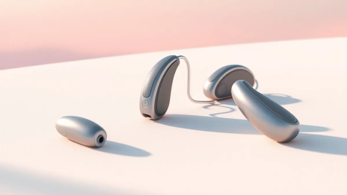 Illustration: Three sleek hearing aids rest on a smooth white surface.