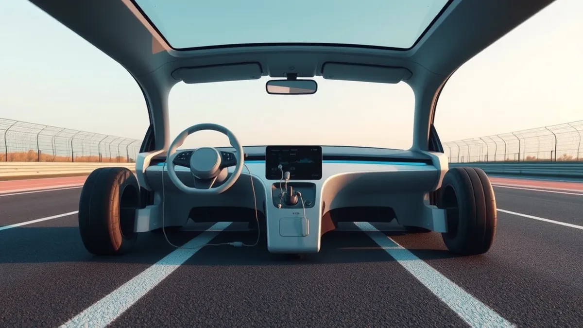 Illustration: An electric car sits on a racetrack with biometric sensors attached to the steering wheel and seat.