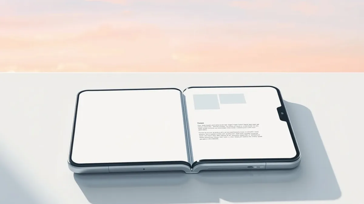 Illustration: A sleek smartphone lies open like a book on a white desk, its two blank displays facing upward.