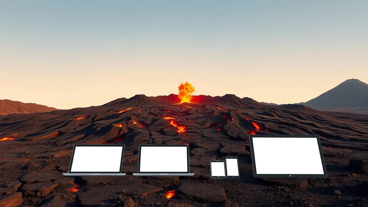 Illustration: A volcanic landscape in Hawaii shows the earth’s surface visibly swelling upward.