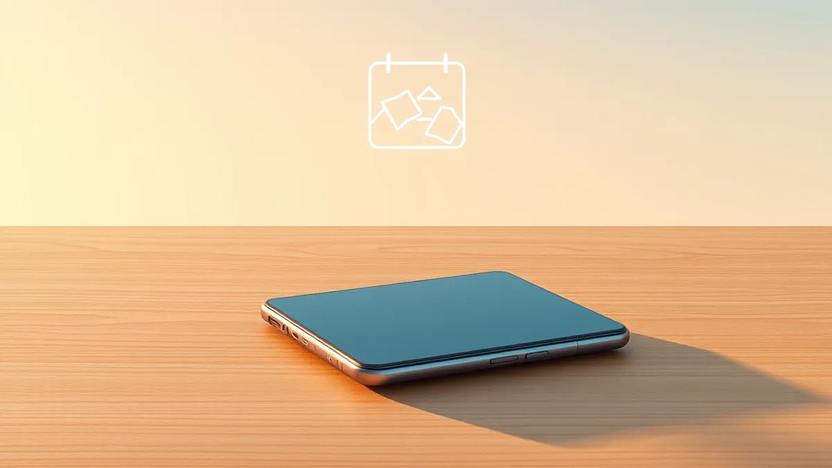Illustration: A sleek foldable smartphone rests closed on a smooth wooden surface.