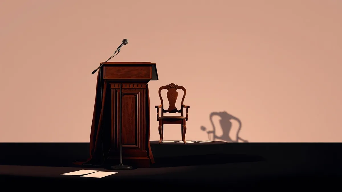 Illustration: An ornate wooden lectern stands on a dimly lit stage, draped in heavy velvet fabric.