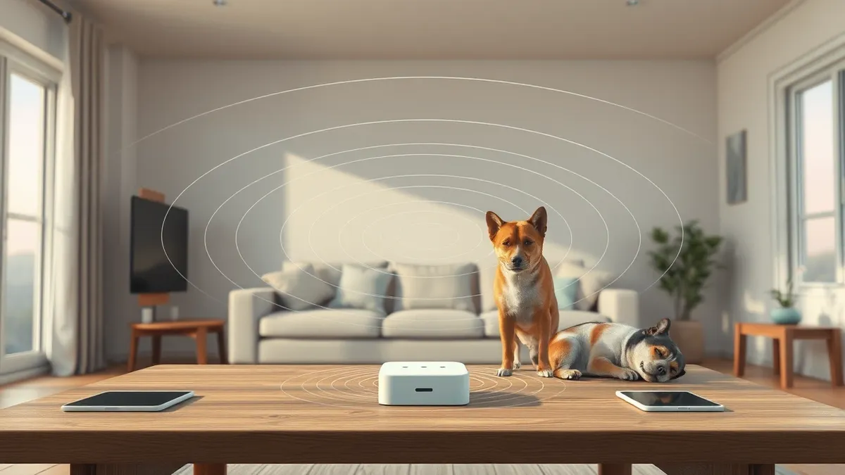 Illustration: A small white square sensor sits on a wooden table, emitting invisible radar waves that form concentric rings around a standing cat and a sleeping dog in a cozy livin