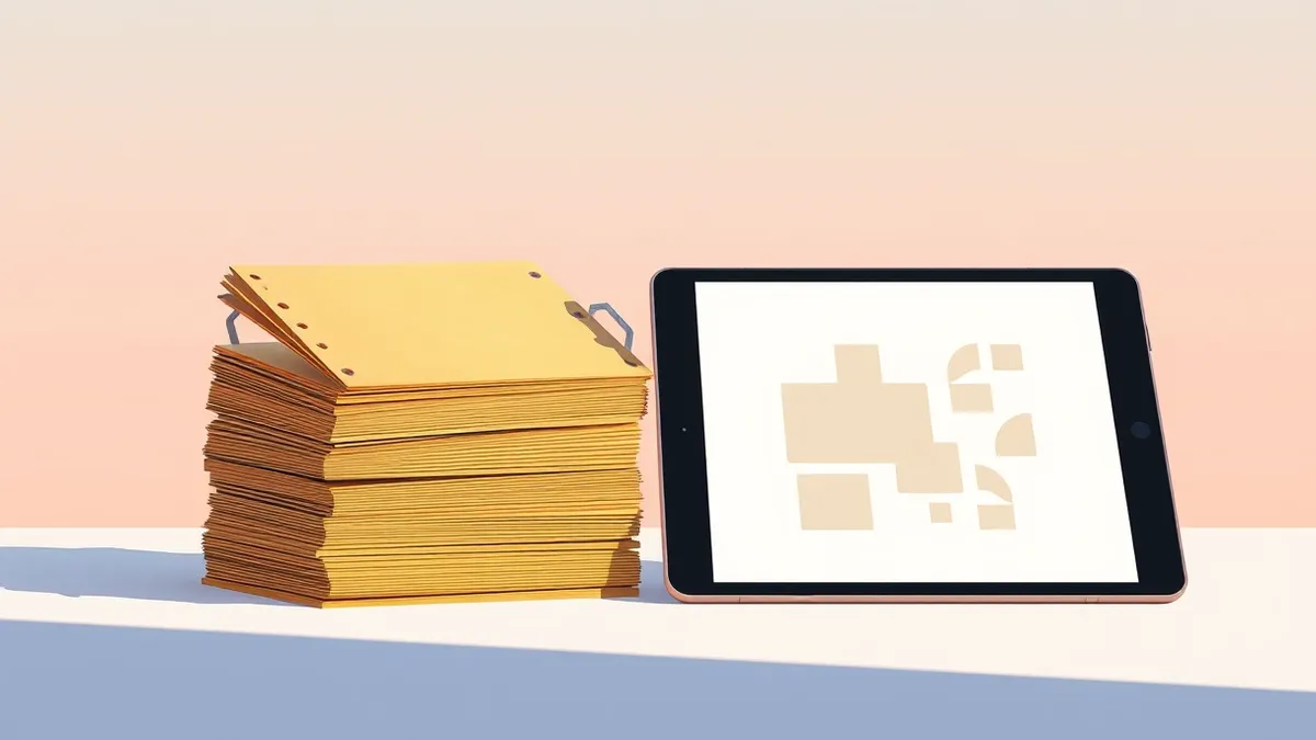 Illustration: A stack of yellowed, punch-hole paper cards rests beside a sleek, modern tablet displaying abstract geometric shapes.