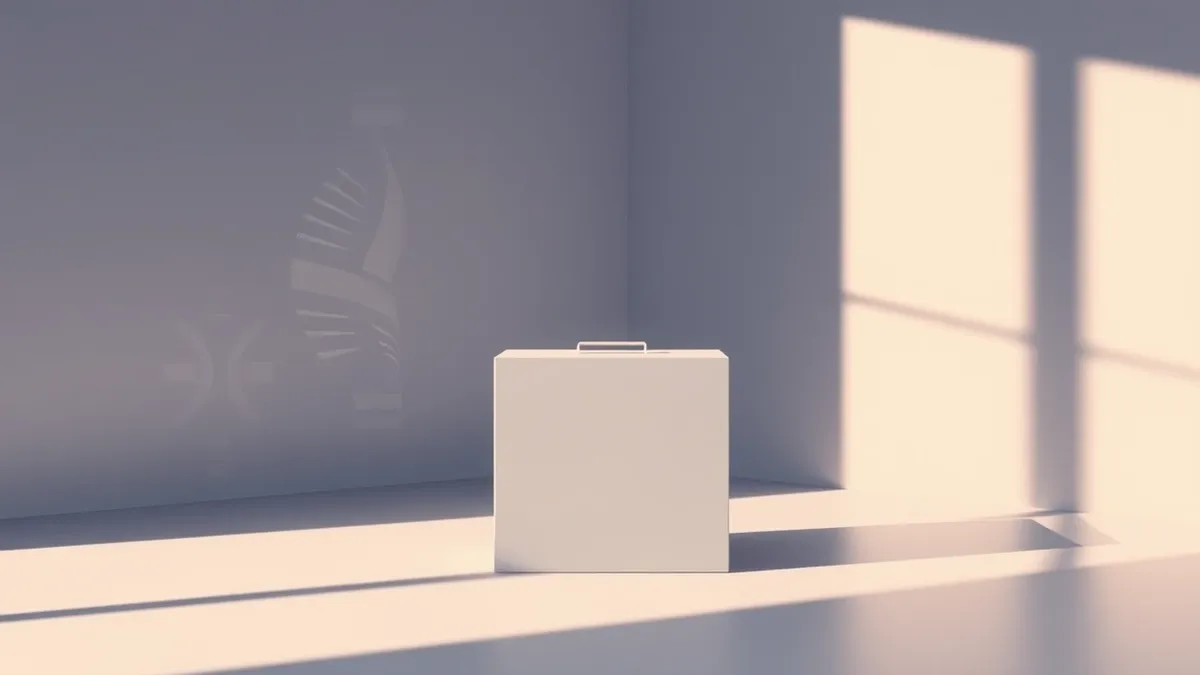 Illustration: A blank ballot box sits in the center of a dimly lit room while distorted digital shadows crawl across the walls behind it.