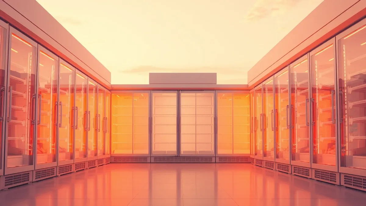Illustration: A row of commercial supermarket refrigerators sits in an empty aisle with condensation fogging the glass doors.