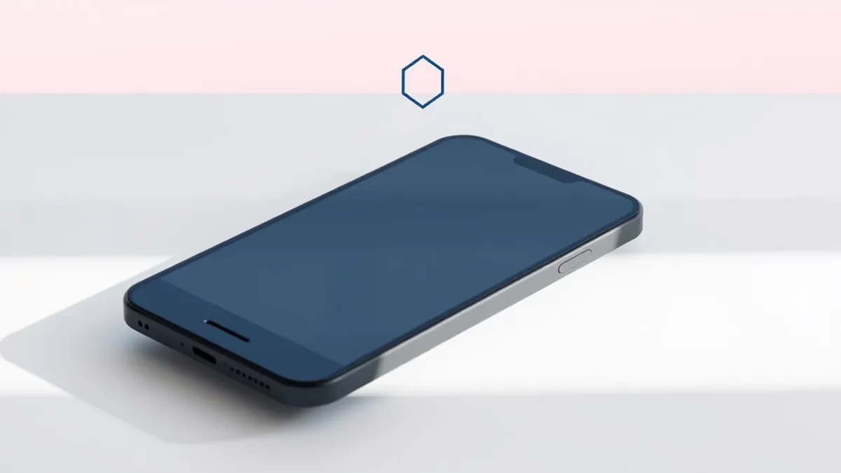 Illustration: A sleek black smartphone rests on a clean white desk, emitting soft concentric blue ripples that represent sound waves.