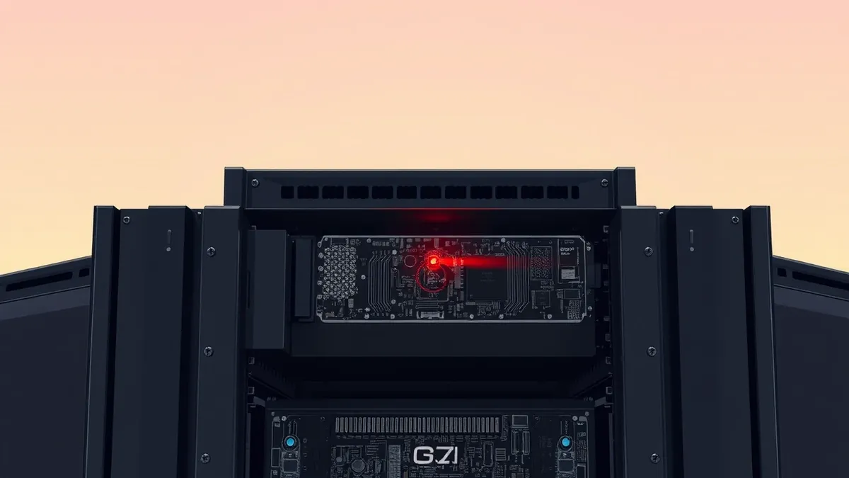 Illustration: A sleek black server blade sits exposed in a rack, its metal casing partially removed to reveal intricate circuitry.