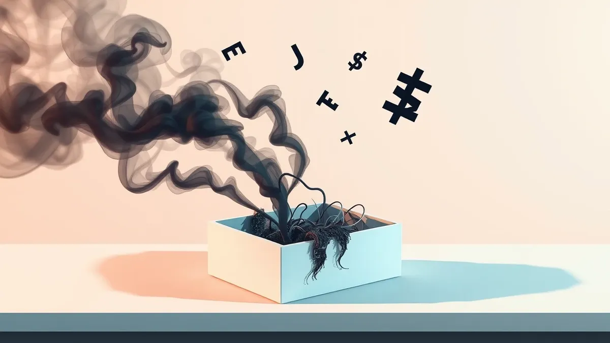Illustration: A cracked software box lies on a desk, leaking jagged black smoke that forms sharp command-line symbols in the air.