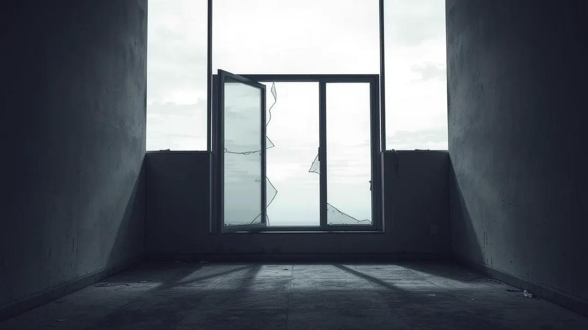 Illustration: A cracked window pane sits in a dusty office corner, its jagged glass shards reflecting the gray sky outside.