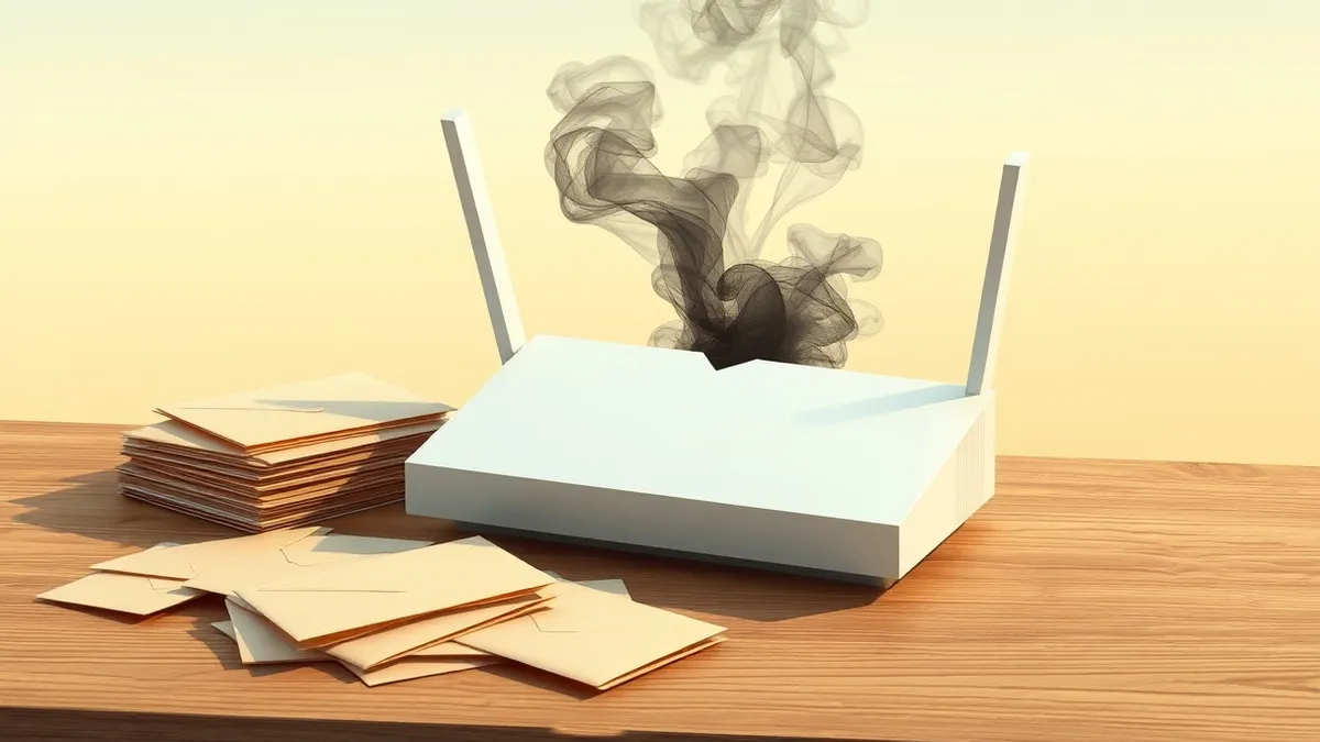 Illustration: A sleek white router sits on a wooden desk beside a scattered stack of unmarked manila envelopes.