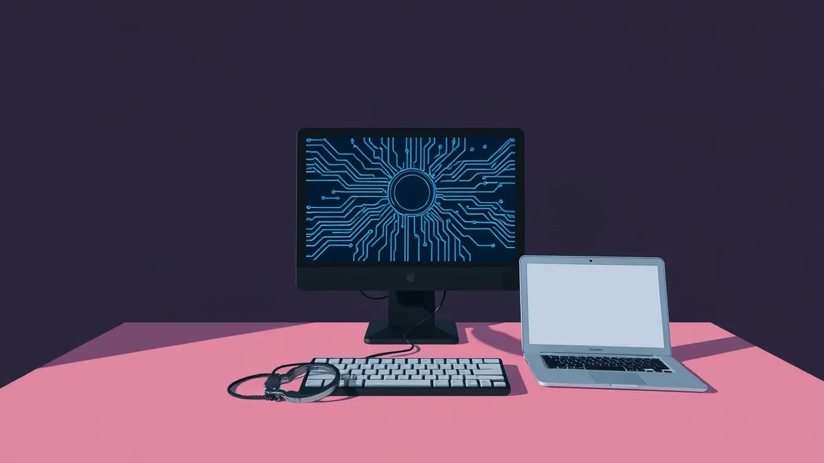 Illustration: A dark room features a single computer monitor displaying abstract circuit patterns.