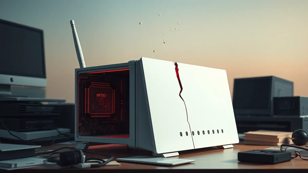 Illustration: A white industrial router sits on a cluttered desk, its side panel removed to expose the internal circuit board.
