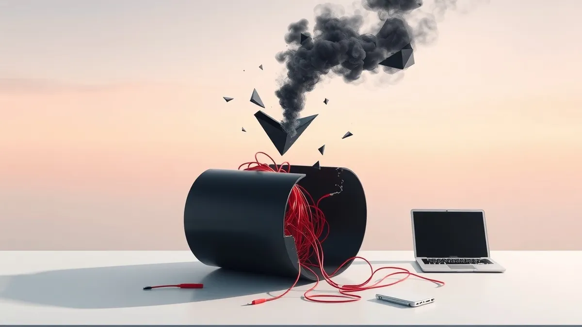 Illustration: A sleek black database cylinder sits cracked open on a sterile white table, revealing tangled red wires and a pulsing orange core.