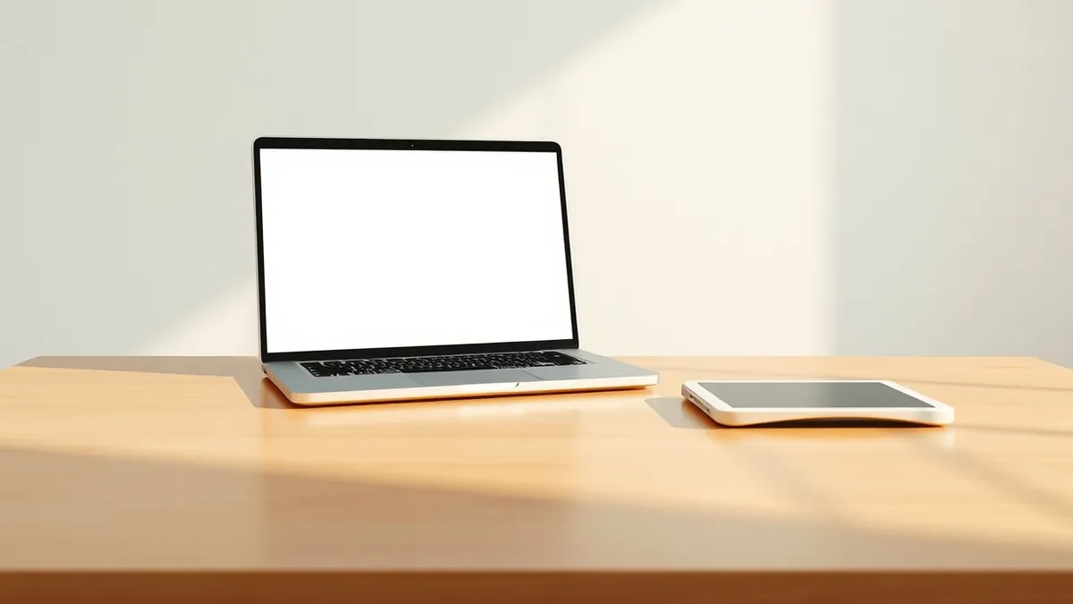 Illustration: A sleek silver laptop sits open on a minimalist wooden table, its screen displaying a single floating cursor over a blank white background.