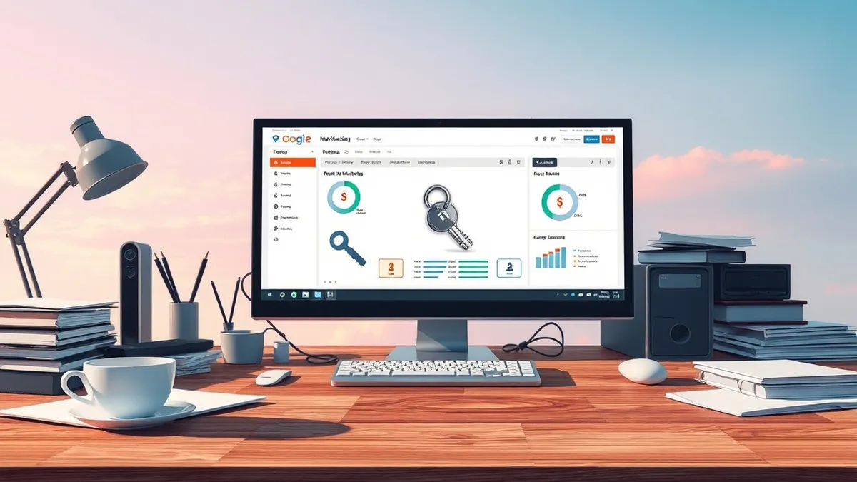 Illustration: A sleek retail marketing dashboard sits on a cluttered office desk, its screen displaying a single broken digital key icon in the center.