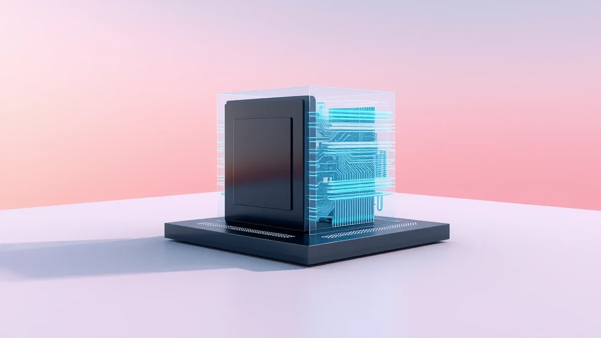 Illustration: A sleek black computer chip sits on a clean white surface, with translucent geometric layers rising from its surface like an abstract architectural model.