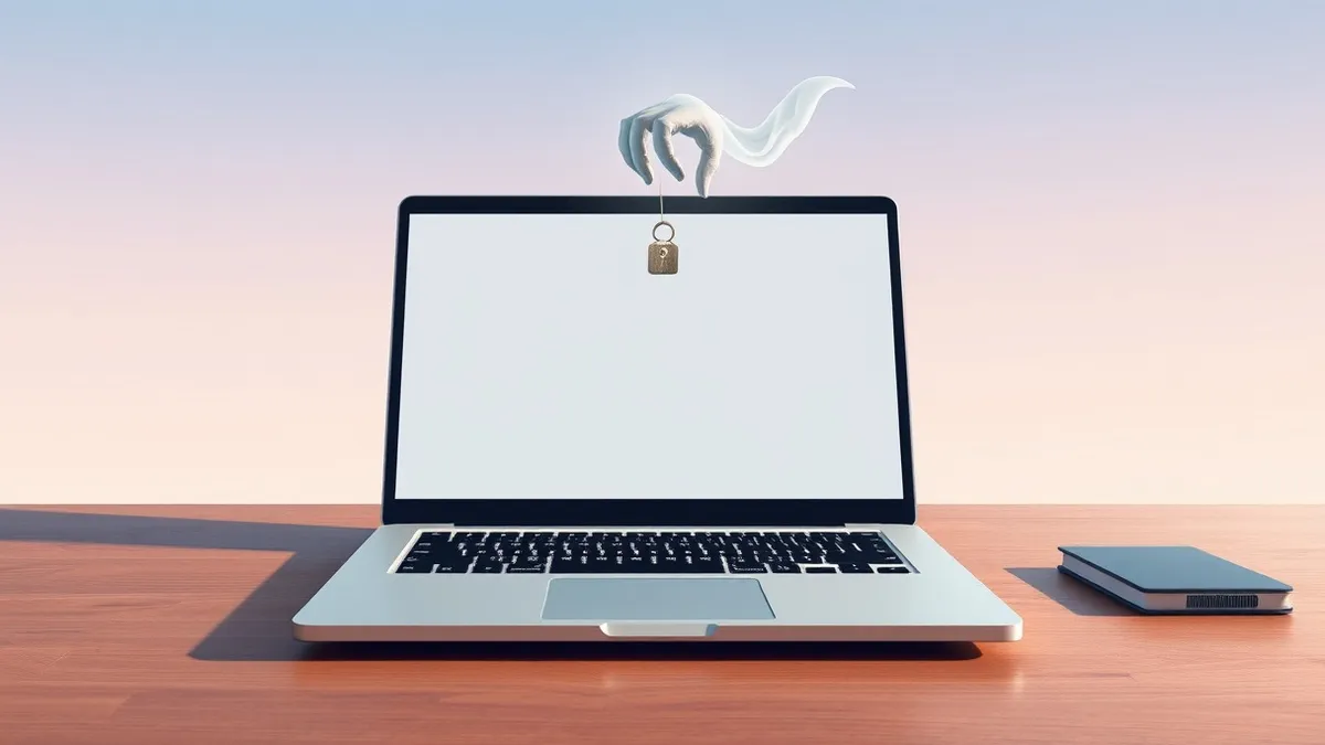 Illustration: A sleek silver laptop sits open on a wooden desk, its screen displaying a blank code editor window.