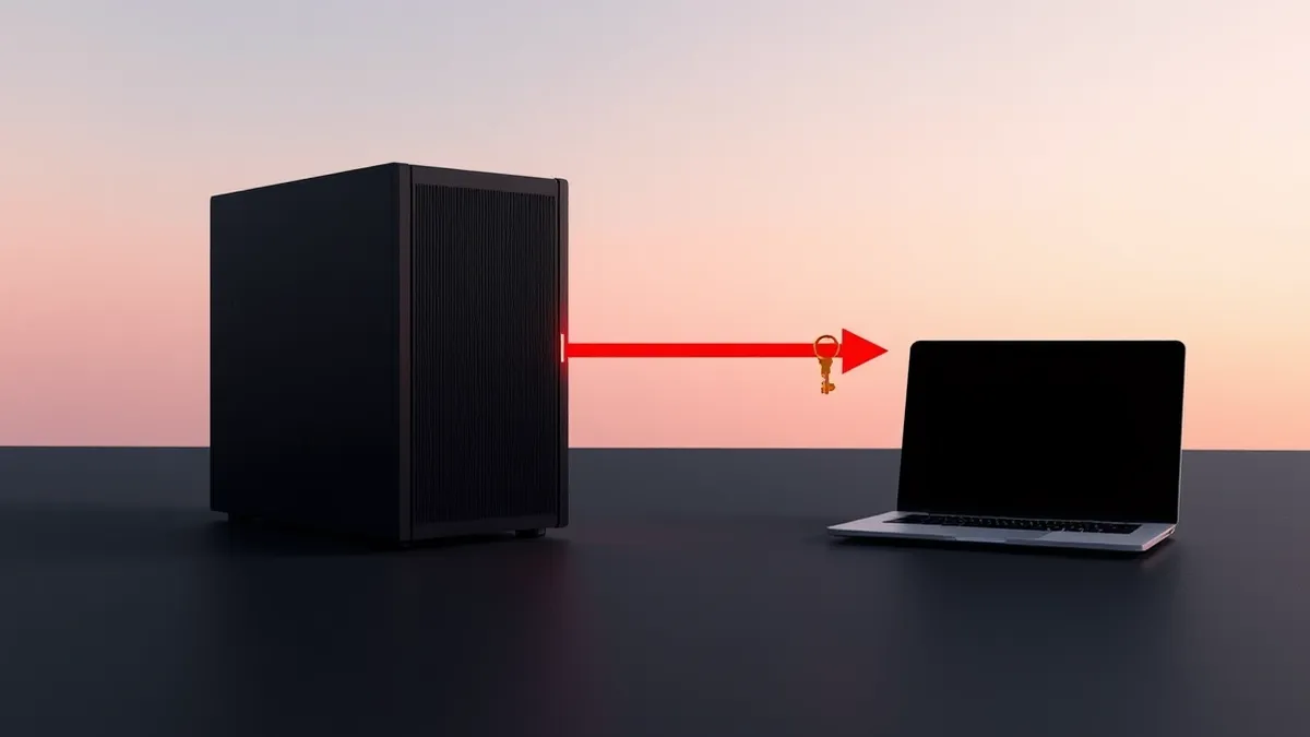 Illustration: A sleek black server unit sits isolated on a dark surface.