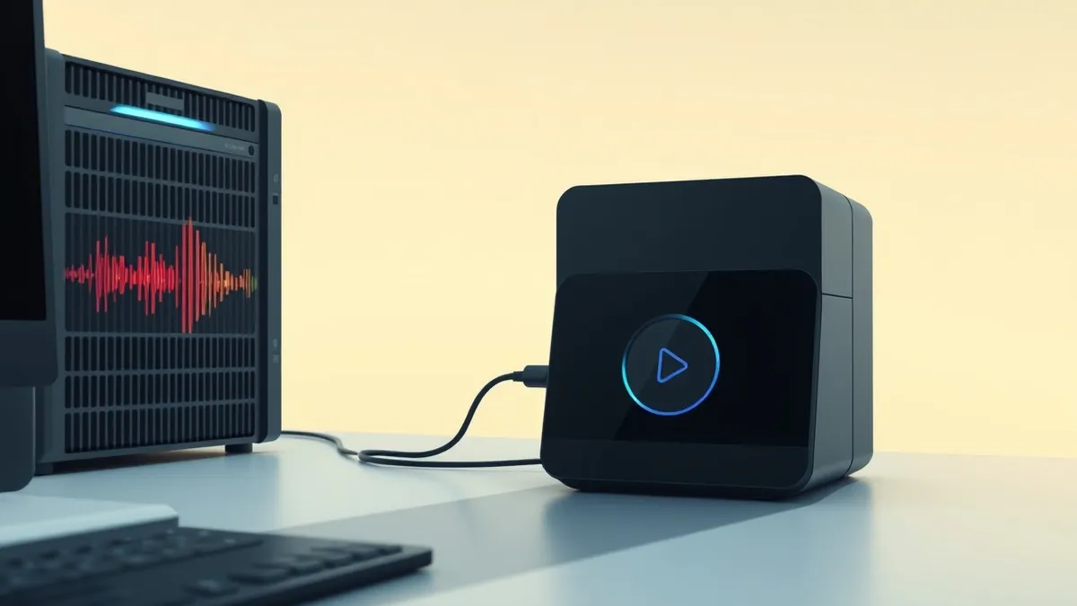 Illustration: A sleek black music streaming device sits on a desk next to a generic silver server blade, connected by a single glowing cable.