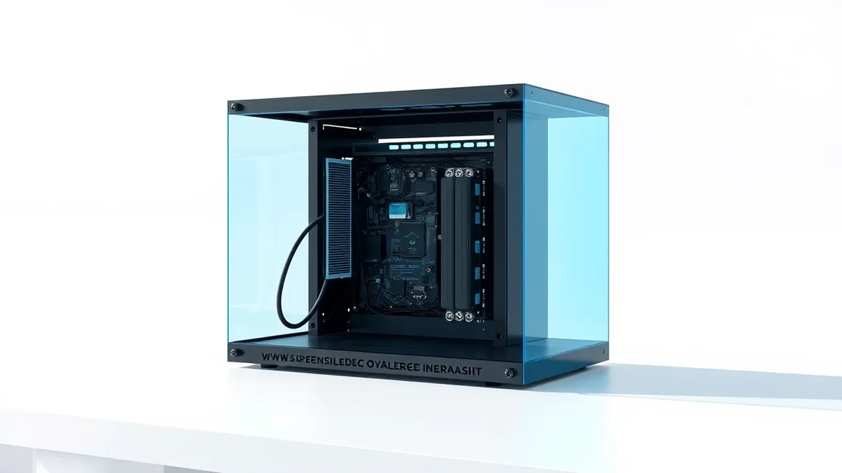 Illustration: A sleek black server module sits open on a white desk, its intricate circuitry enclosed by a translucent blue geometric cage.