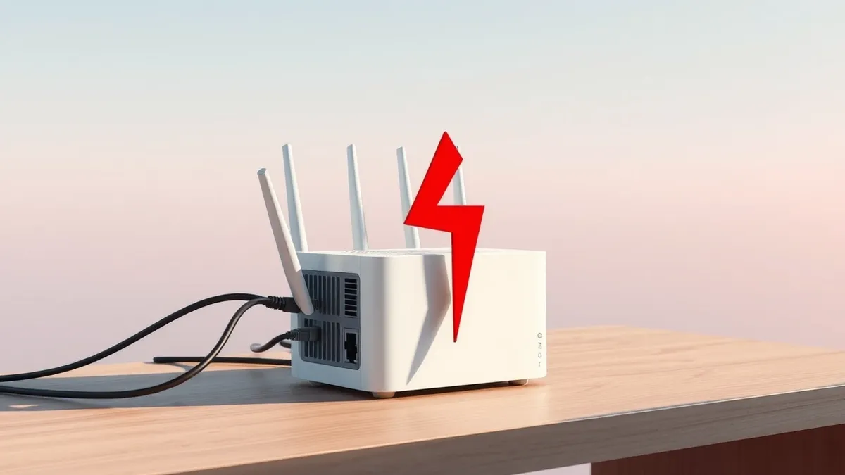Illustration: A small white home router sits on a plain wooden table with its ethernet cables plugged in.