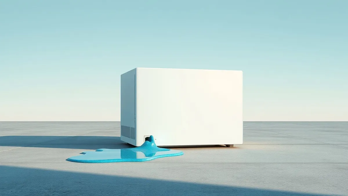 Illustration: A white network appliance with a blank front panel sits on a concrete floor, leaking shimmering blue liquid from a small crack in its side casing.