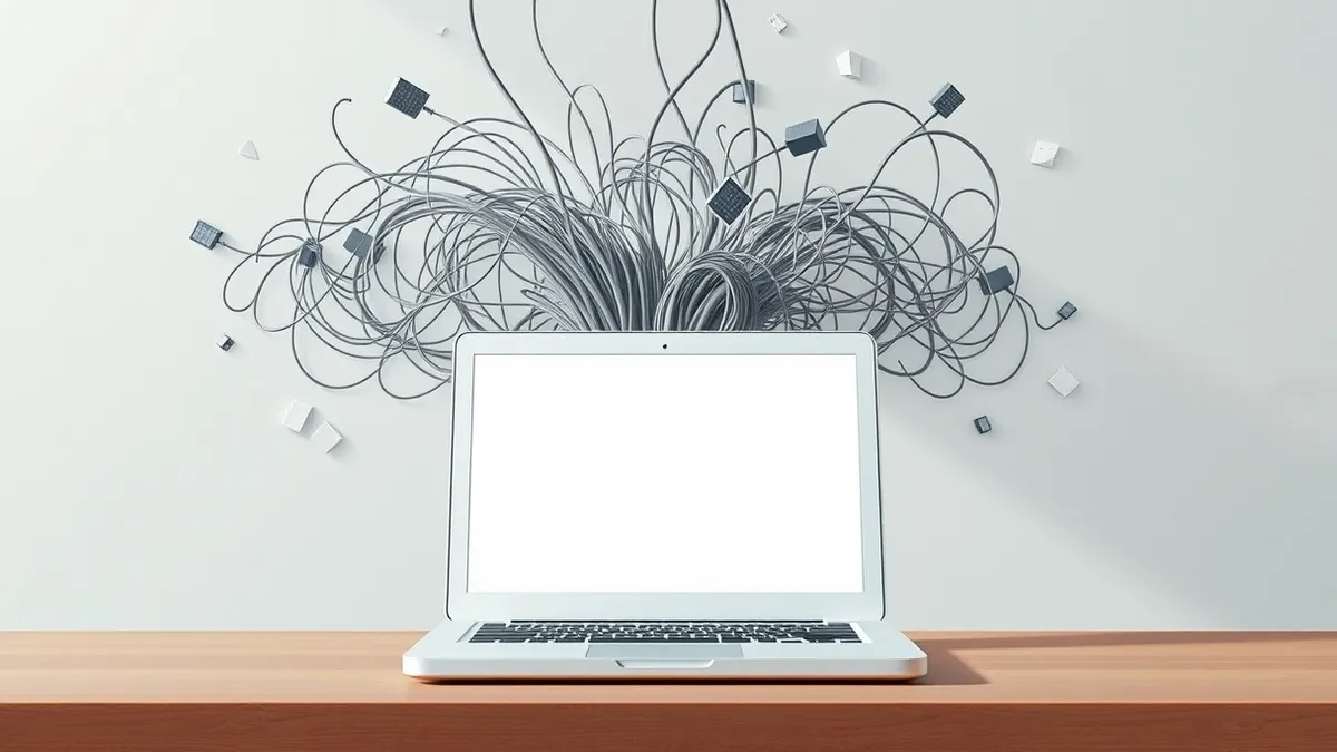 Illustration: A white laptop sits on a wooden desk with a blank browser window open on the screen.