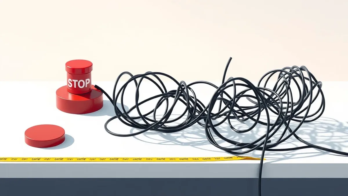 Illustration: A tangled knot of black cables sits on a sterile white desk next to a red stop button.