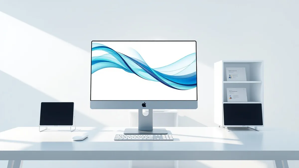 Illustration: A sleek silver desktop computer sits on a minimalist white desk in a bright modern office.