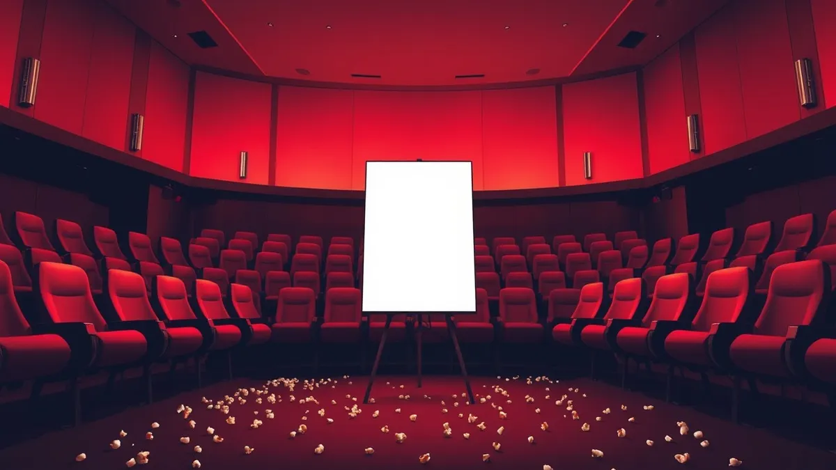 Illustration: A dimly lit cinema lobby with rows of empty red velvet seats and scattered popcorn on the floor.