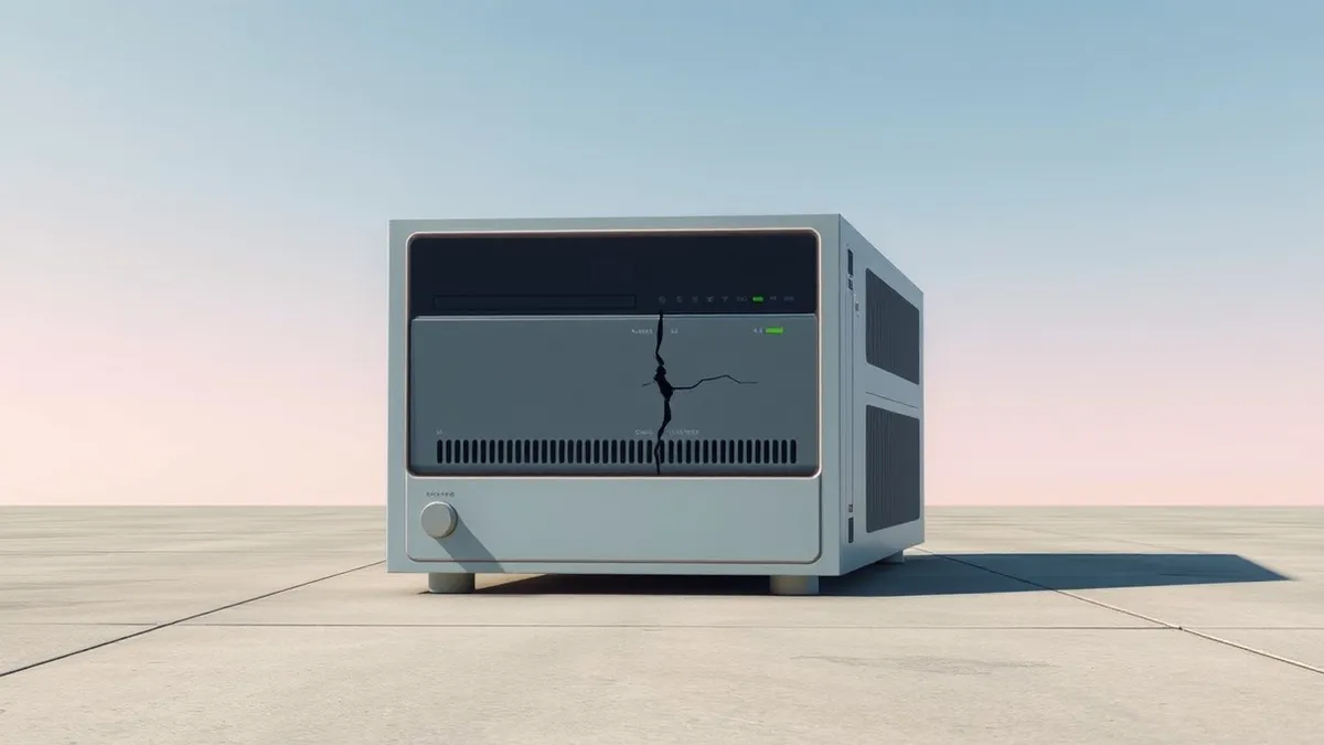 Illustration: A sleek, standalone network appliance sits on a concrete floor, its front panel displaying blank indicator lights and abstract geometric shapes.