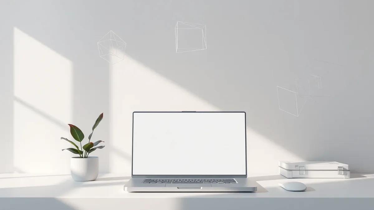Illustration: A clean desk holds a sleek silver laptop with a blank screen and a small potted plant beside it.