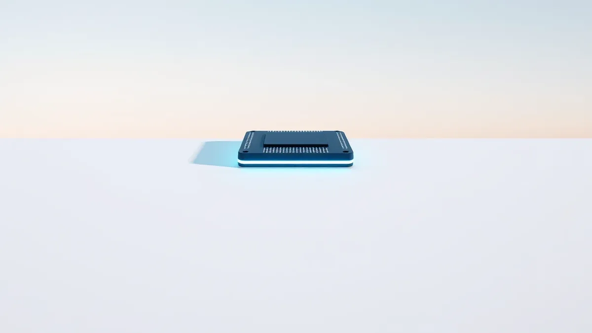 Illustration: A sleek black computer chip rests on a clean white surface, its surface marked by a subtle geometric grid pattern.