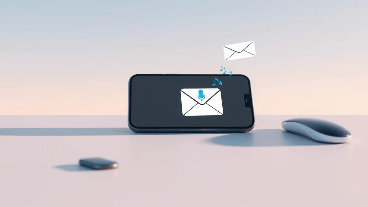 Illustration: A sleek smartphone rests on a desk, displaying a blank email interface with a prominent microphone icon.