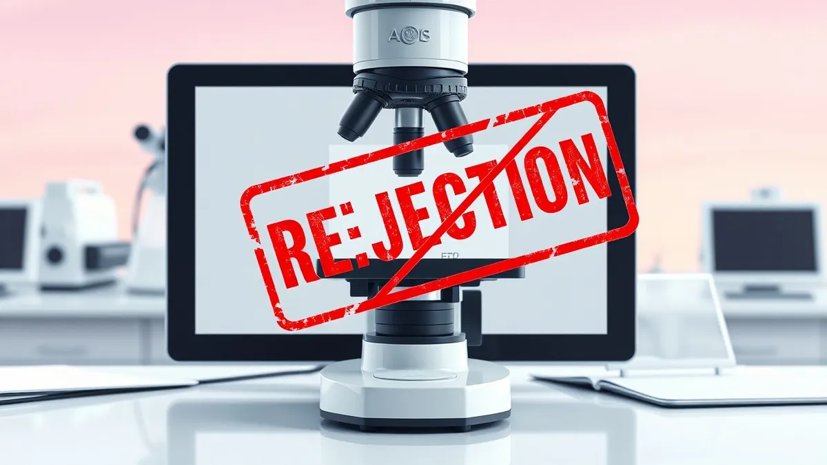Illustration: A high-magnification microscope sits on a sterile white laboratory bench, its lens focused on a blank glass slide.