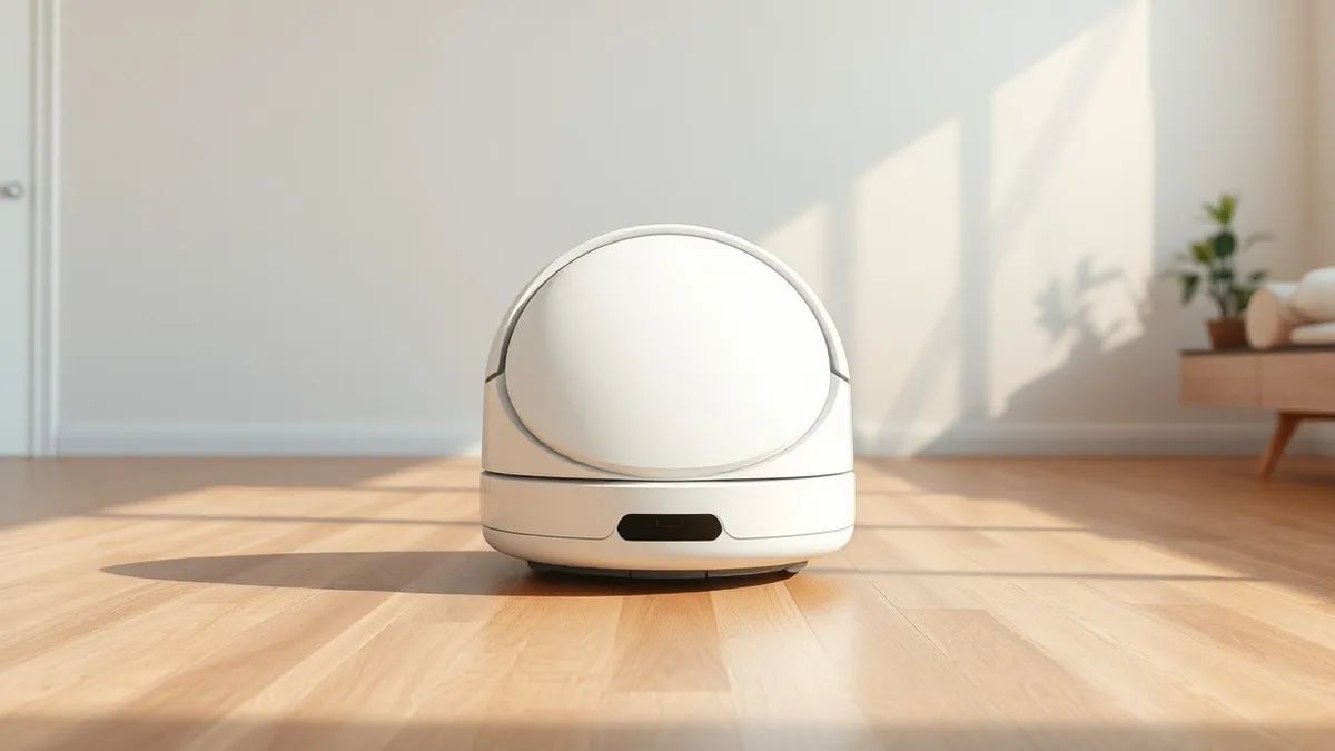Illustration: A round white robot vacuum cleaner sits idle on a polished wooden floor.