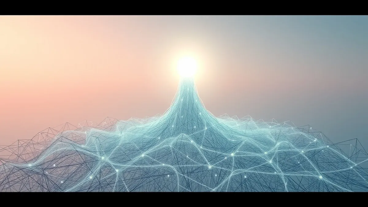 Illustration: A single glowing neural network node floats above a tangled, dense cluster of interconnected digital threads.