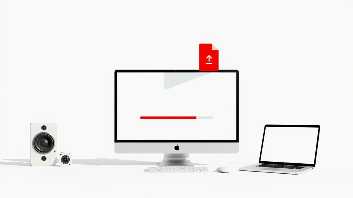 Illustration: A generic software update window displays a blank progress bar against a stark white background, while a single, ominous red file icon floats unattached in the empty 