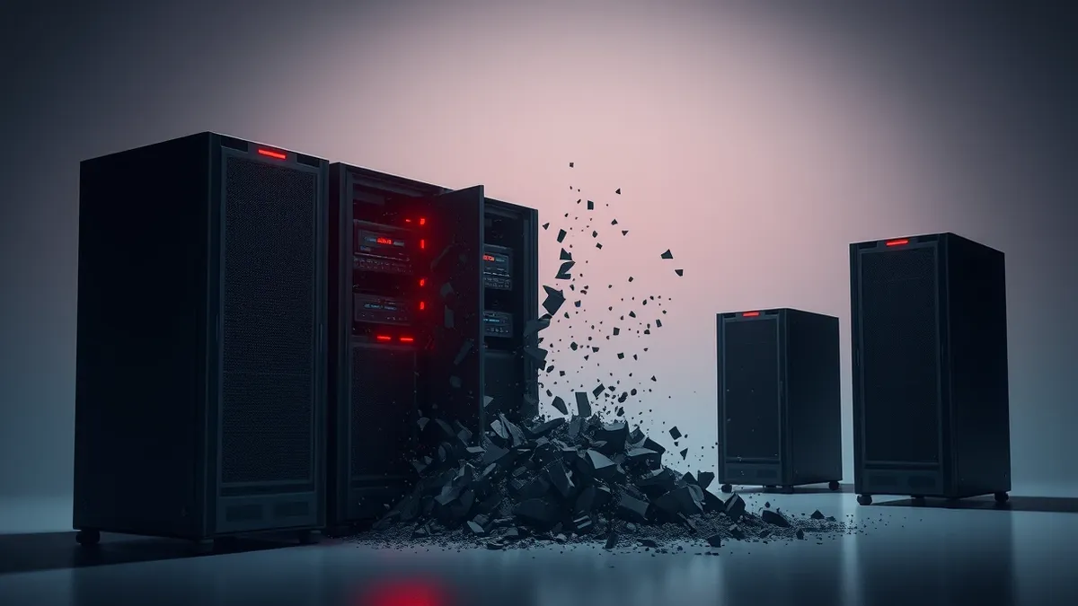 Illustration: A black server rack with three identical units sits in a dim room.