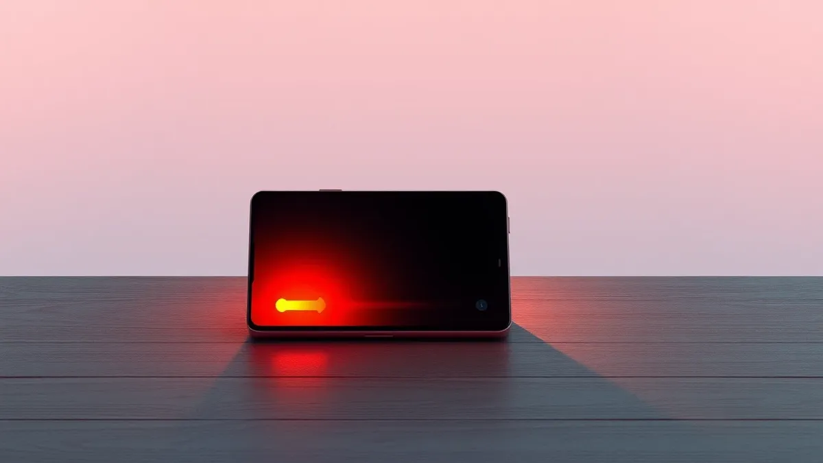 Illustration: A sleek smartphone with a matte inner screen sits on a wooden table next to a red heat map overlay indicating high temperatures.