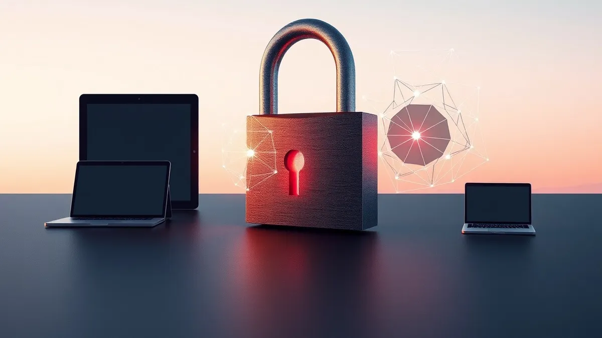 Illustration: A thick, traditional steel lock sits cracked open on a dark surface while glowing, complex geometric wireframes float nearby, representing the abstract threat of quan