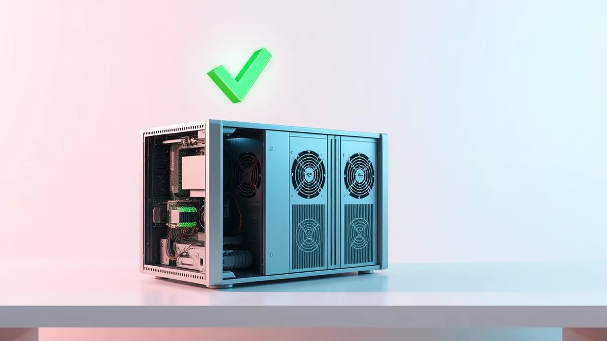 Illustration: A sleek silver Linux server sits on a clean white desk, its side panel open to reveal internal circuitry and cooling fans.