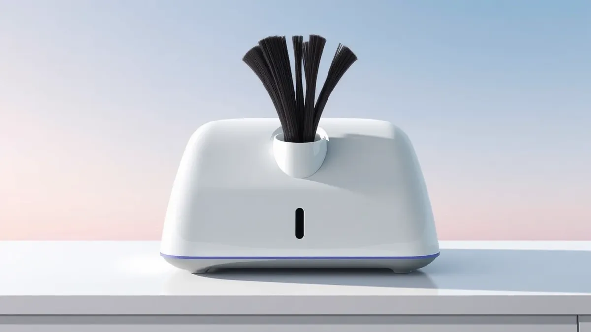 Illustration: A sleek white countertop machine sits on a clean work surface, featuring a smooth funnel-shaped intake and a narrow output slot.