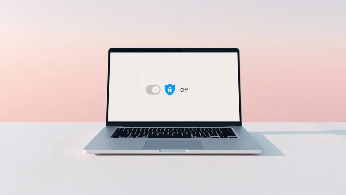 Illustration: A sleek silver laptop sits on a clean white desk, its screen displaying a single system settings window with a prominent toggle switch in the off position.