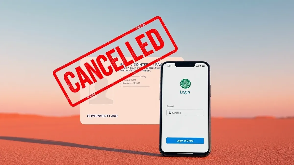 Illustration: A large red cancellation stamp covers a blank government identification card, while a sleek smartphone displaying a generic digital wallet interface sits clearly visi