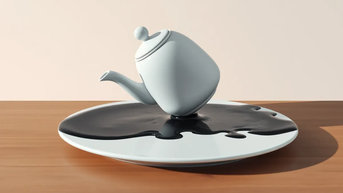 Illustration: A white ceramic teapot sits tilted on a wooden surface, its spout leaking black ink that pools into the shape of a command prompt icon.